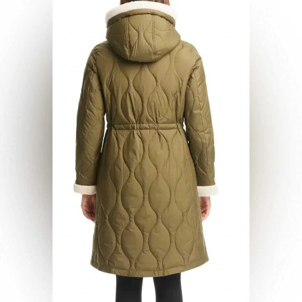 NWT KATE SPADE FAUX SHEARLING TRIM DOWN AND FEATHER FILL LONG COAT OLIVE SIZE XL - Picture 3 of 16